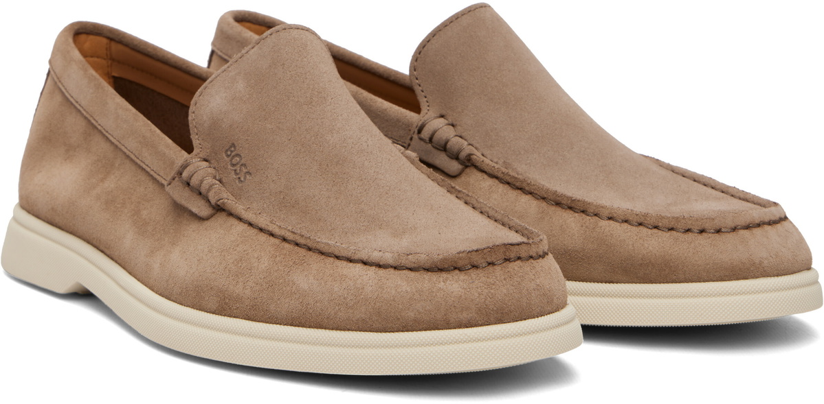 BOSS Beige Debossed-Logo Suede Loafers