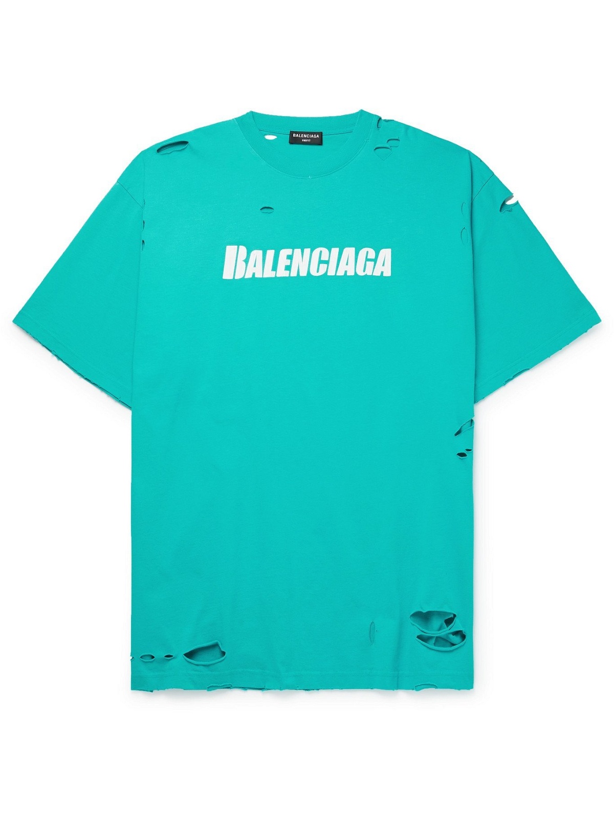 BALENCIAGA  Oversized Distressed LogoPrint Organic CottonJersey TShirt   Blue  M Balenciaga