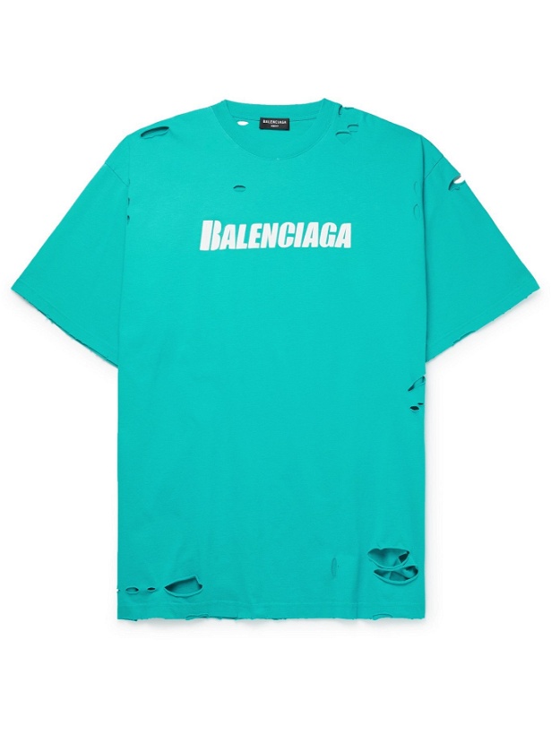 Photo: BALENCIAGA - Oversized Distressed Logo-Print Organic Cotton-Jersey T-Shirt - Blue - M