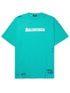 BALENCIAGA - Oversized Distressed Logo-Print Organic Cotton-Jersey T-Shirt - Blue - M