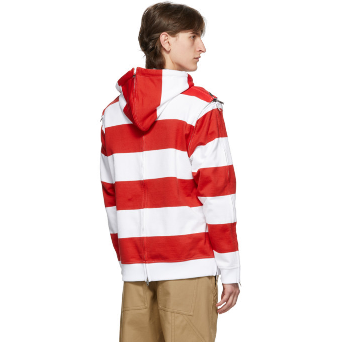 BURBERRY★RED WHITE STRIPED COTTON LOGO ZIP SLEEVES HOODIE BURBERRY RED 2 IN 1 WHITE STRIPED COTTON LOGO DETACHABLE ZIP