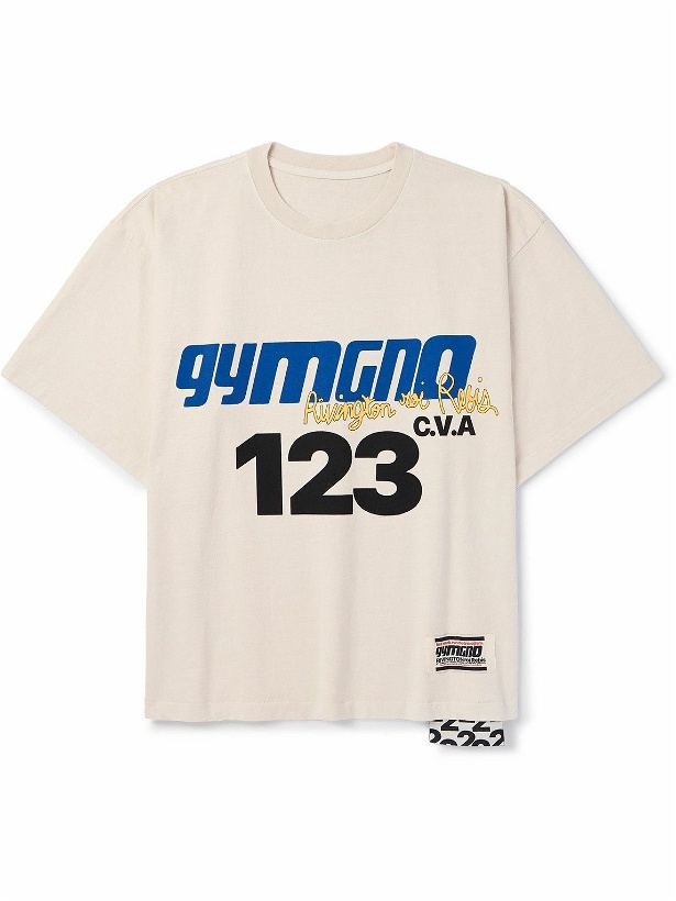Photo: RRR123 - Speak Dangerously #2 Oversized Logo-Appliquéd Printed Cotton-Jersey T-Shirt - Neutrals