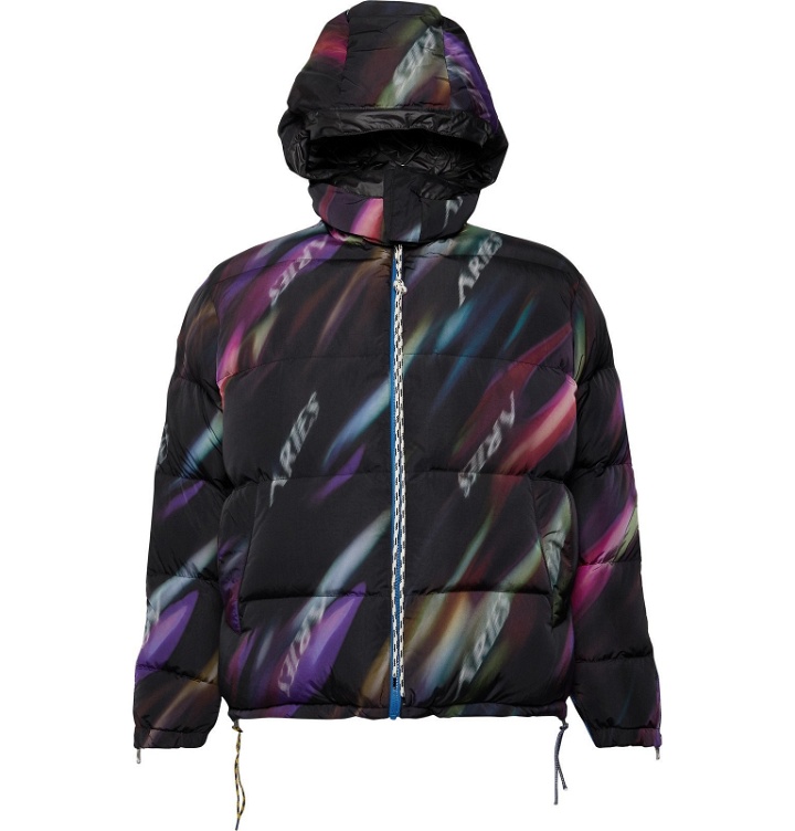 Photo: Aries - Reversible Quilted Printed Shell Hooded Down Jacket - Black
