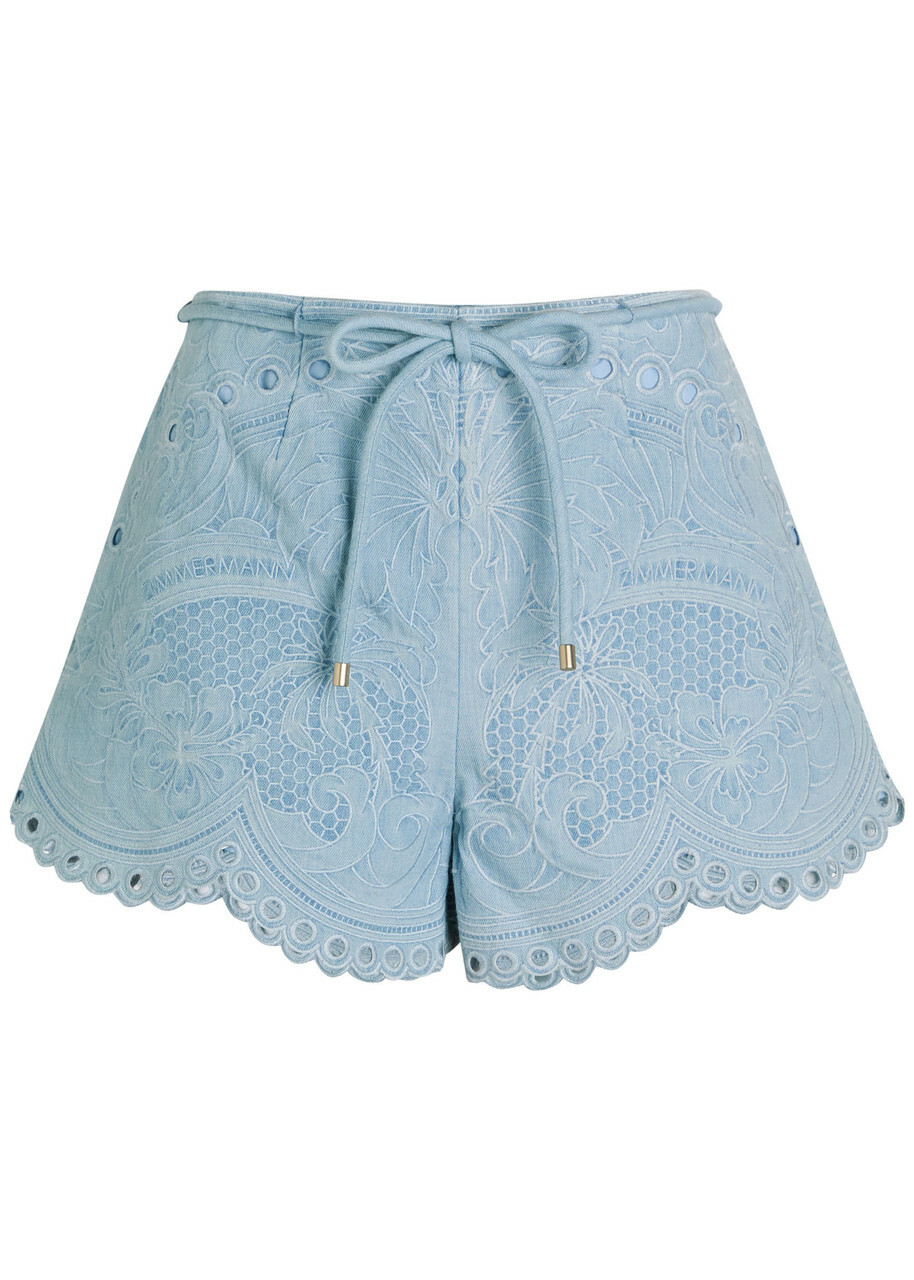 Zimmermann Daylight Embroidered Belted Denim Shorts