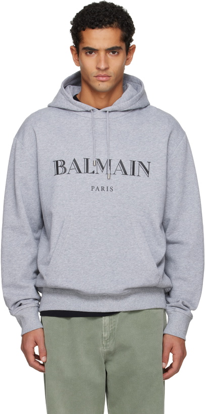 Photo: Balmain Gray 'Balmain' Printed Hoodie