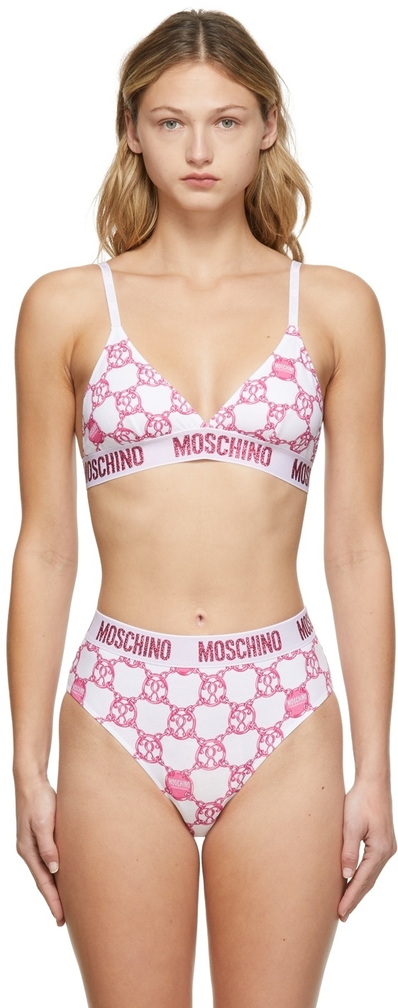 Moschino White & Pink Chain Print Triangle Bra Moschino