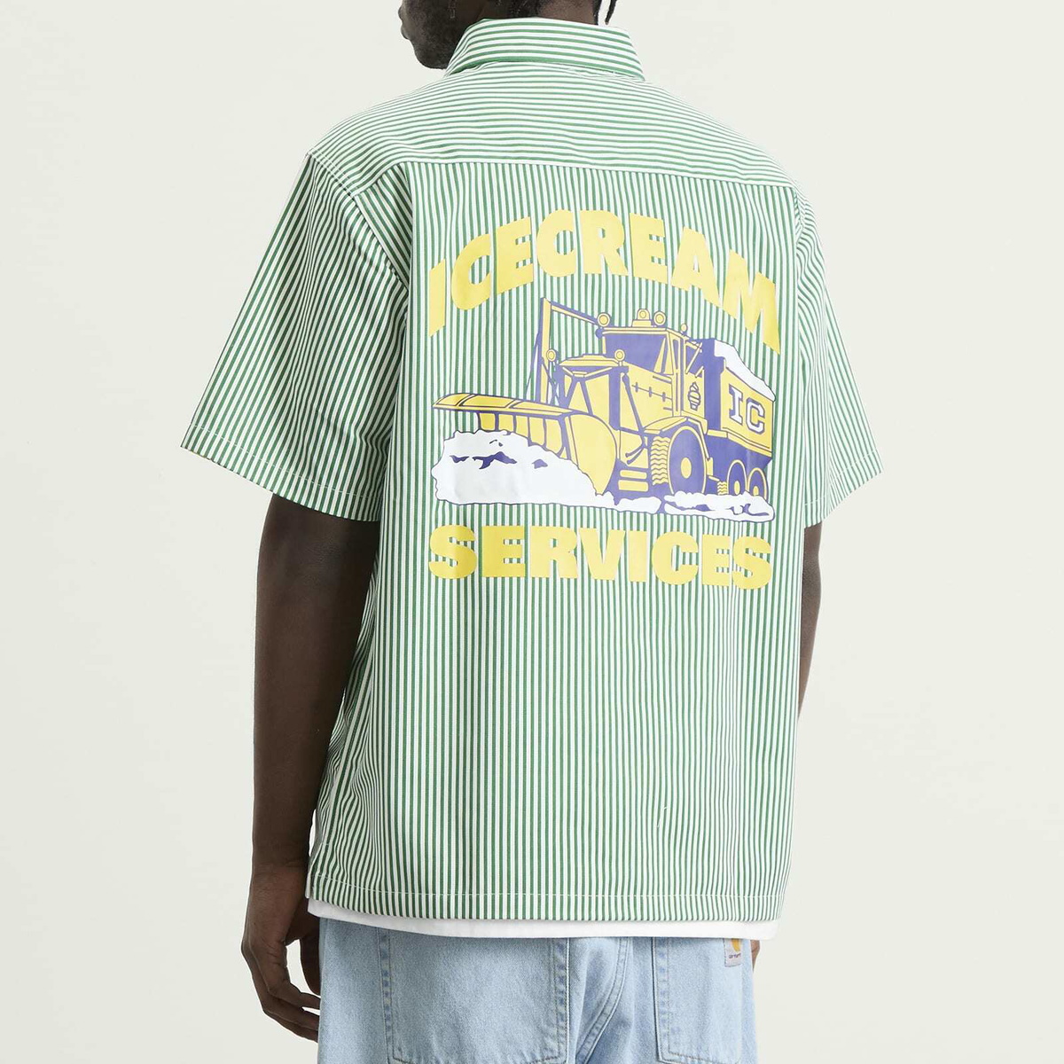 ICECREAM Men's IC Services Quarter Zip Work Shirt in Green/White stripe