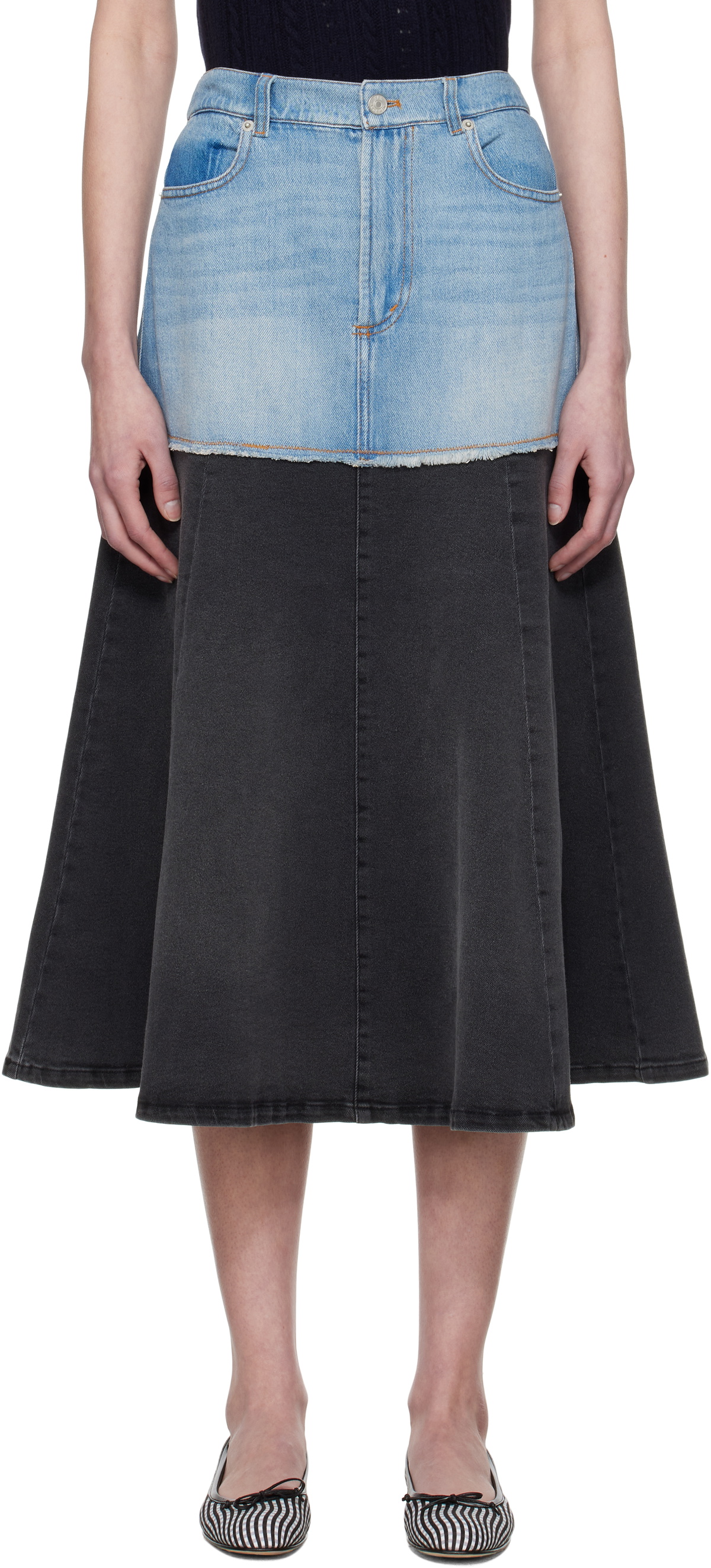 SEA NY Blue & Black Elle Denim Midi Skirt