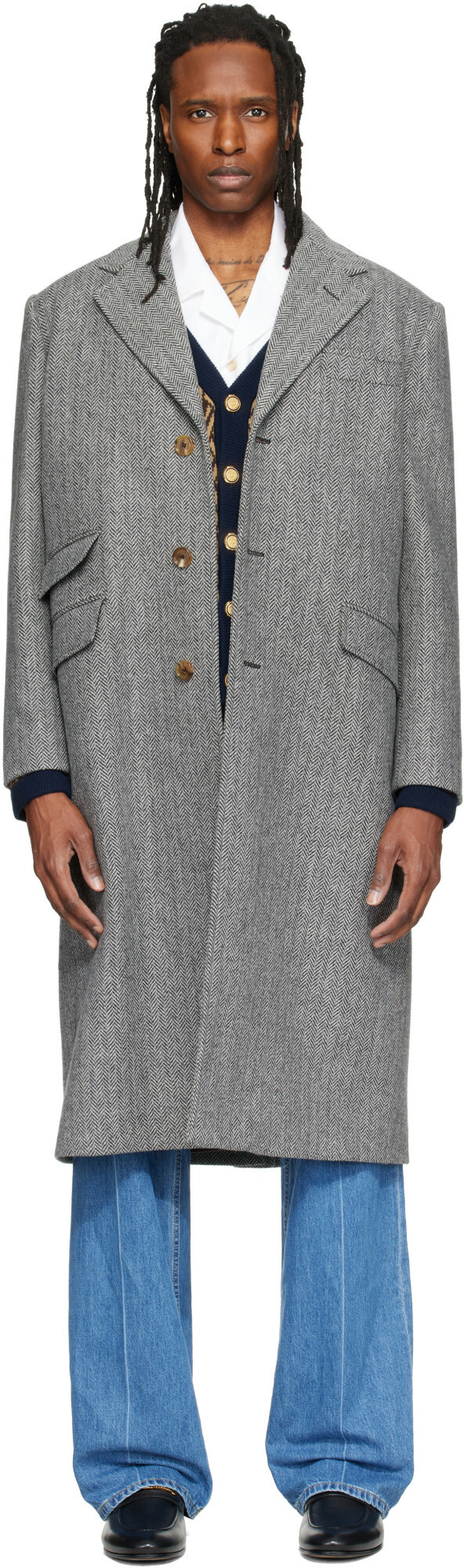 Valentino Gray Wool Herringbone Coat