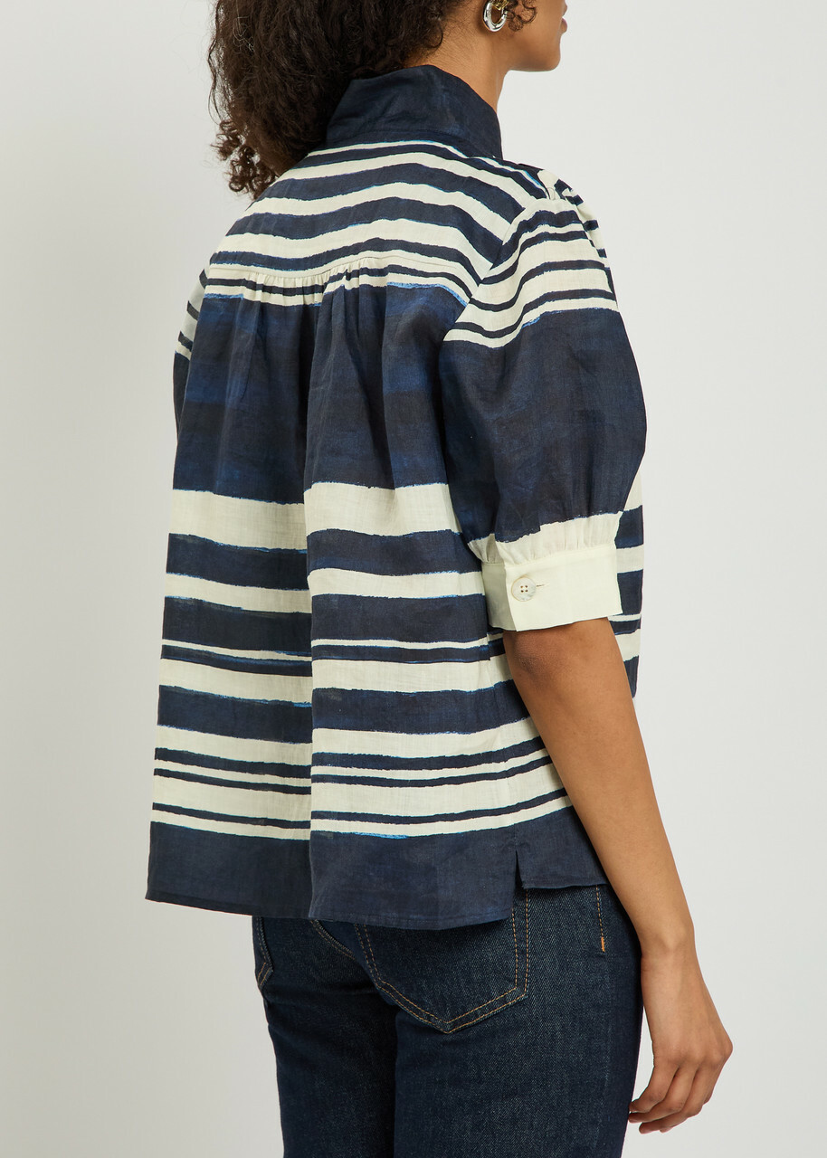 Veronica Beard Hollandale Striped Ramie Shirt Navy