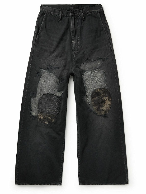 Photo: KAPITAL - Katsuragi Port Wide-Leg Patchwork Distressed Cotton-Twill Trousers - Black
