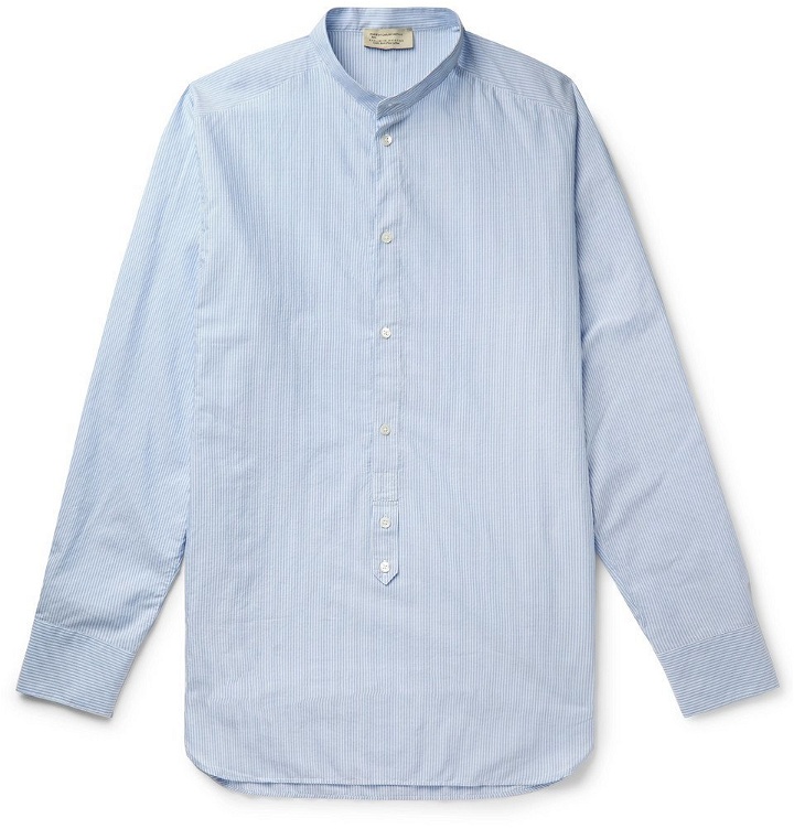 Photo: MAN 1924 - Grandad-Collar Striped Cotton Half-Placket Shirt - Blue