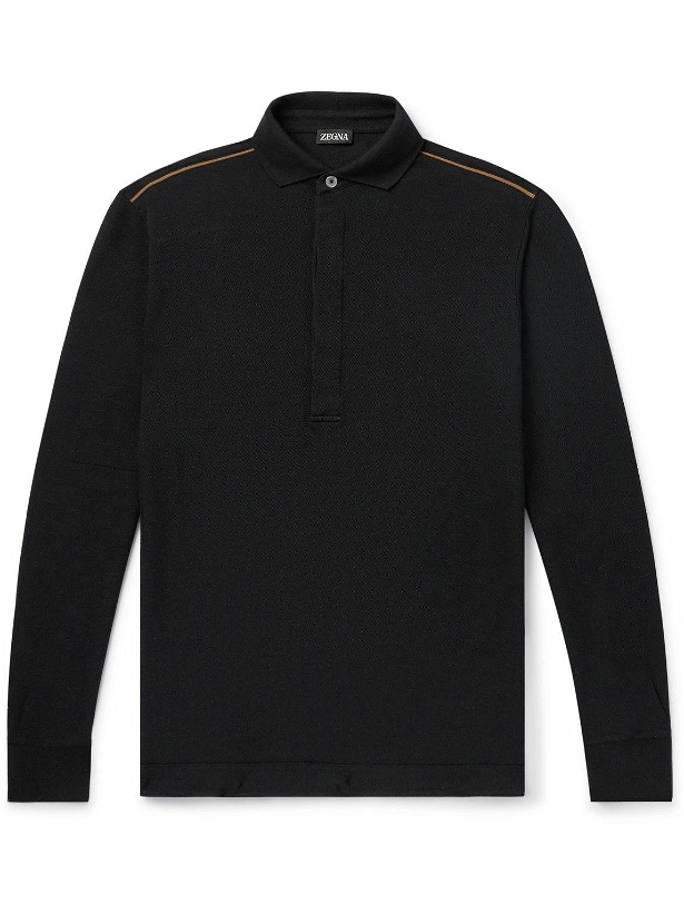 Photo: Zegna - Leather-Trimmed Cotton-Piqué Polo Shirt - Black