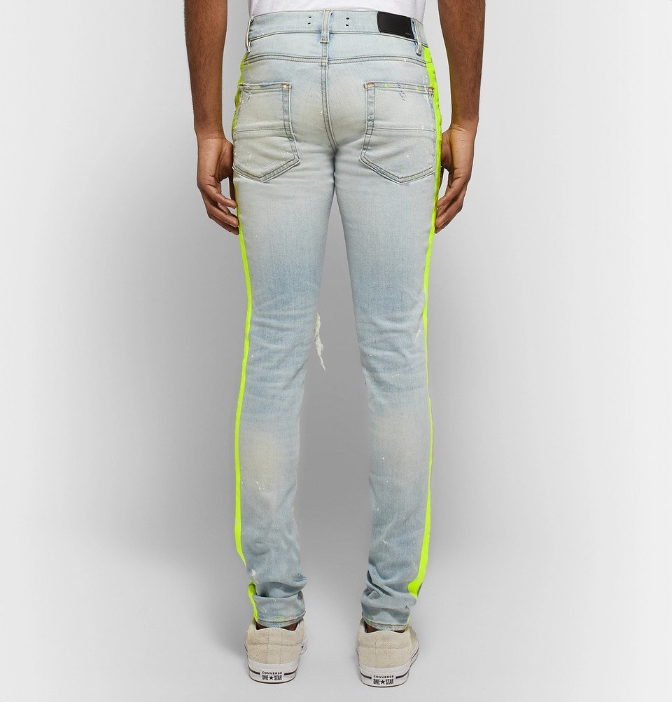 AMIRI - Broken Painter Skinny-Fit Neon-Striped Distressed Stretch-Denim Jeans - blue
