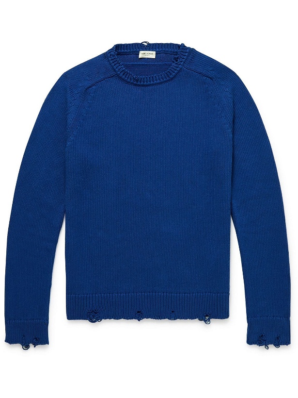 Photo: SAINT LAURENT - Distressed Cotton Sweater - Blue