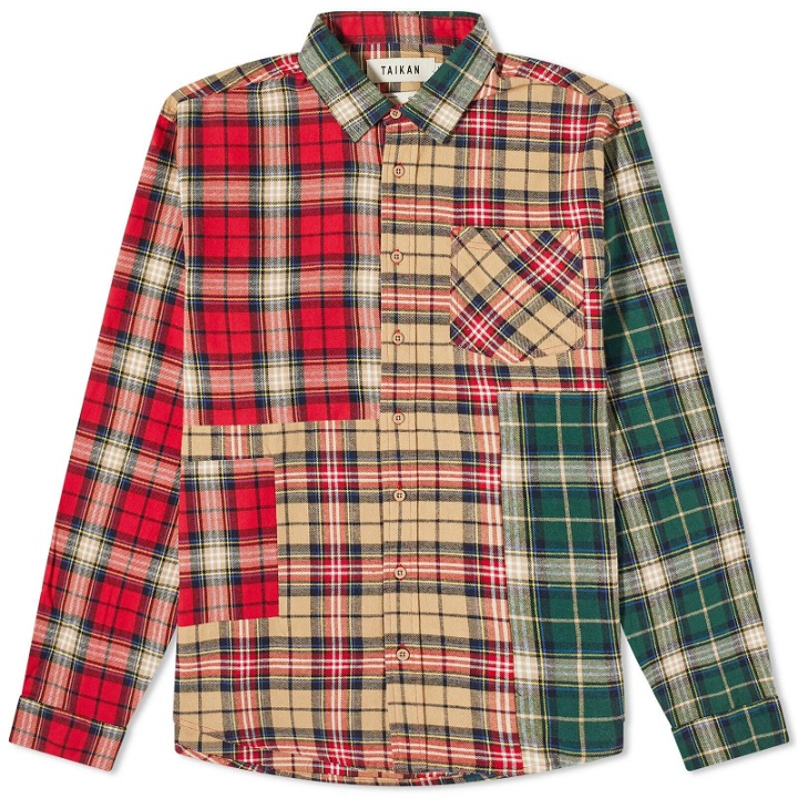 Photo: Taikan Men's Patchwork Check Shirt in Sand/Pine/Red