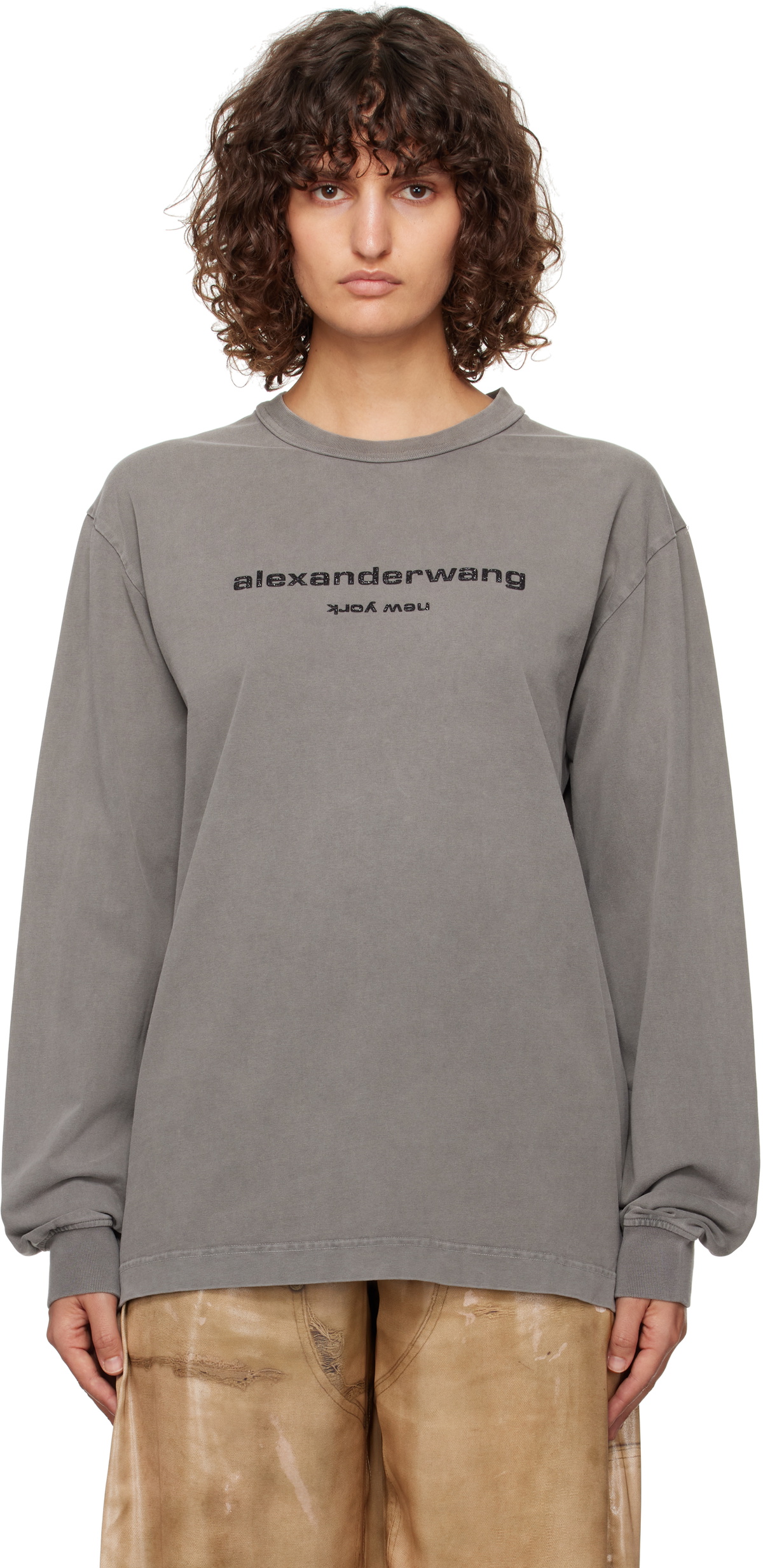 Alexander Wang Gray Glitter Puff Logo Long-Sleeve T-shirt Alexander Wang Gray Glitter Puff Logo Long-Sleeve T-shirt