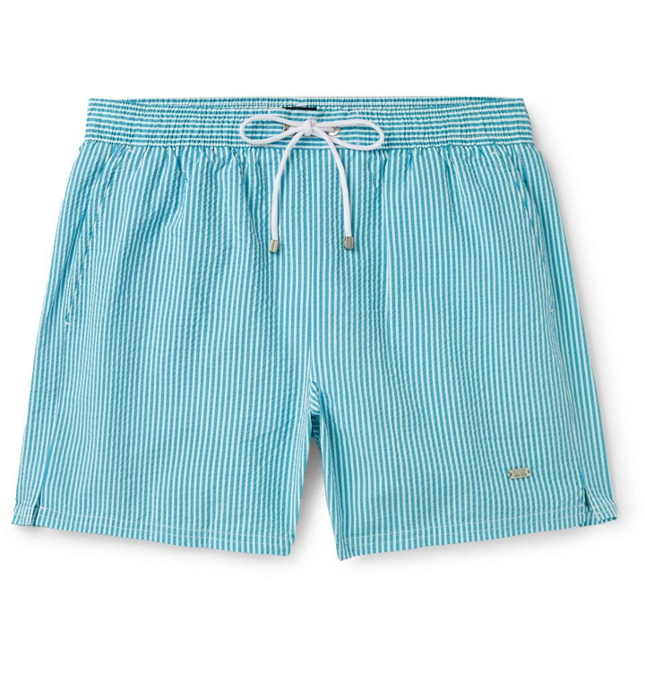 Photo: Hugo Boss - Mid-Length Striped Seersucker Swim Shorts - Blue