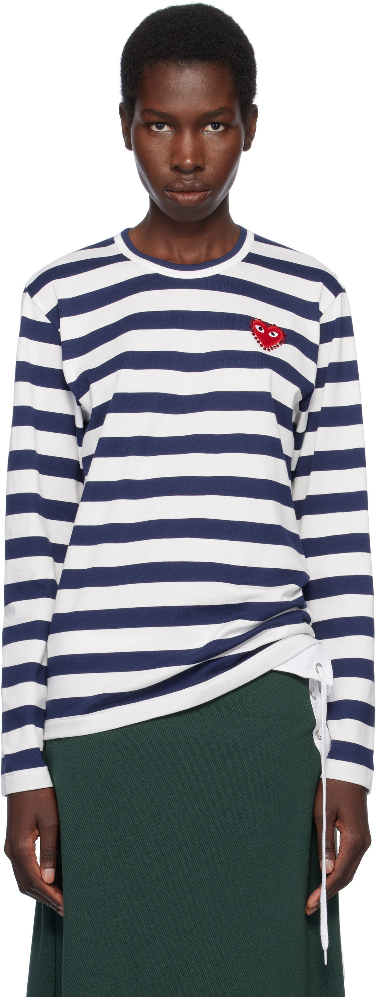 COMME des GARÇONS PLAY Navy & White L/S Stripe Rhinestone T-shirt
