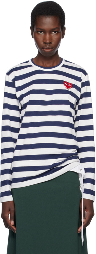 Photo: COMME des GARÇONS PLAY Navy & White L/S Stripe Rhinestone T-shirt