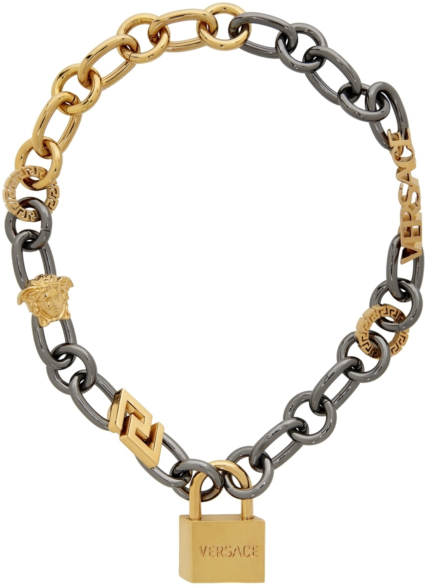 Versace Gold & Gunmetal Padlock Chain Necklace