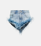 Area High-rise feather-trimmed denim shorts