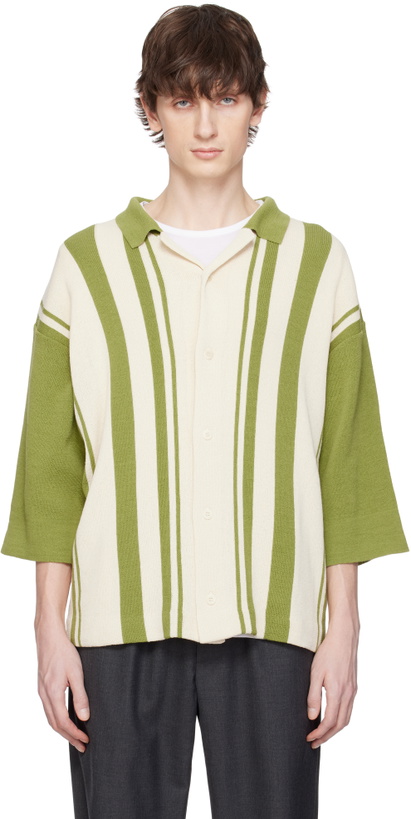 Photo: DOCUMENT Green & Off-White Intarsia Knitting Stripe Shirt