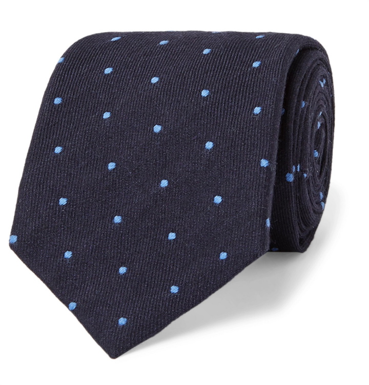 Photo: Kingsman - Drake's 8cm Polka-Dot Cotton, Silk, Cashmere and Wool-Blend Tie - Blue