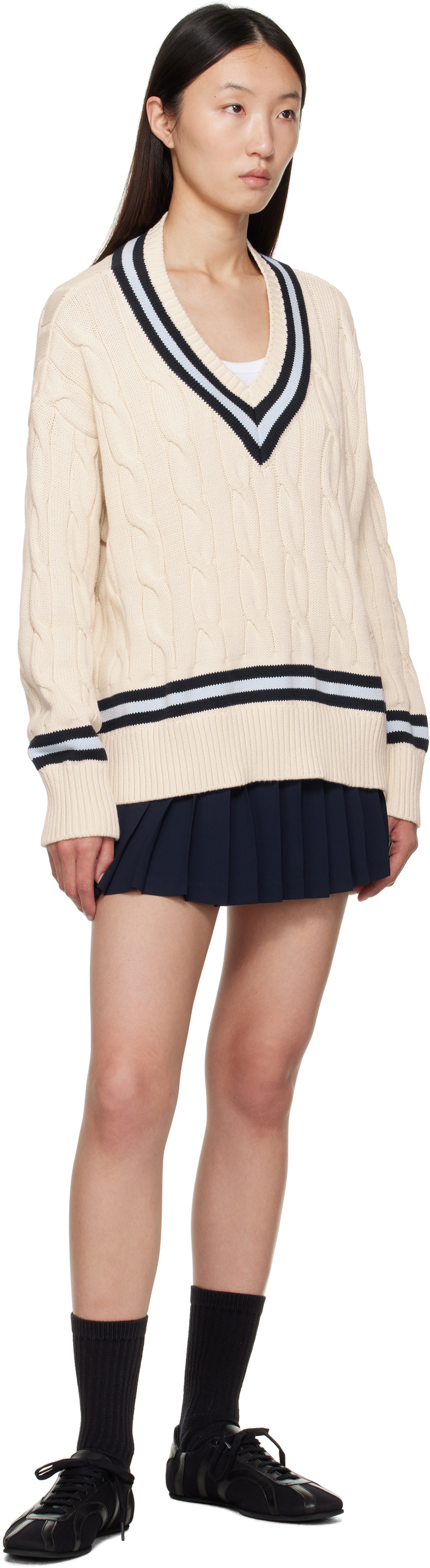 Sporty & Rich Off-White 'SRC' Cableknit V-Neck Sweater
