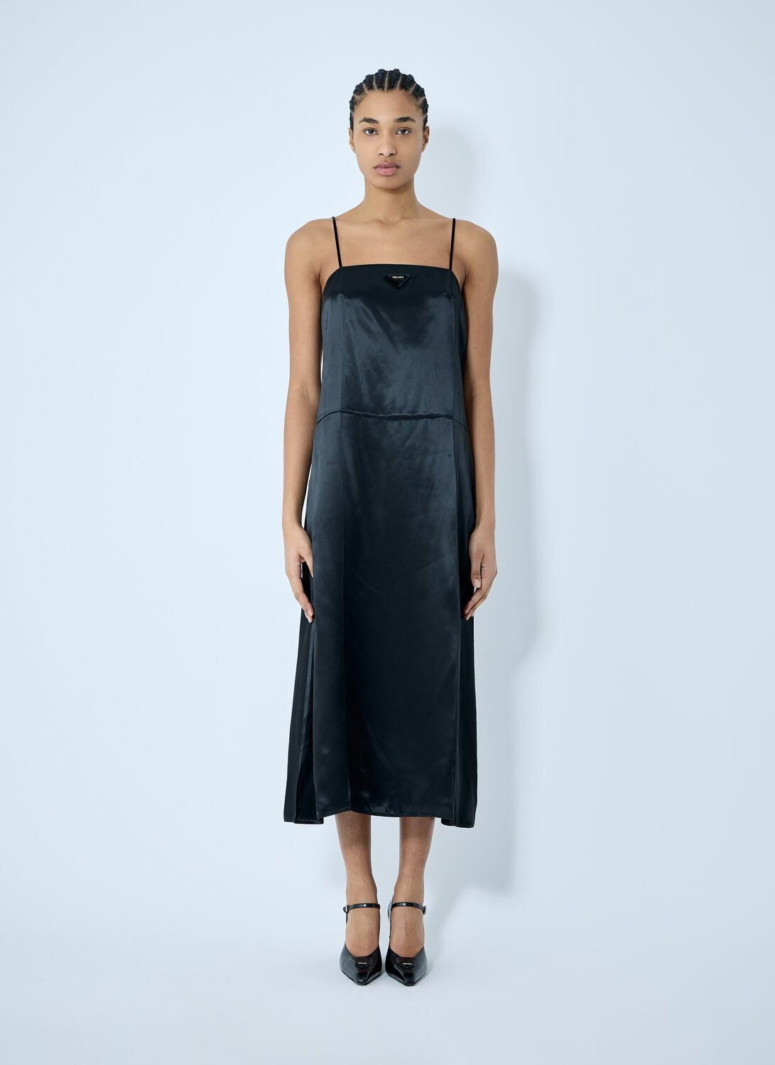 Prada Satin Logo Patch Midi Dress