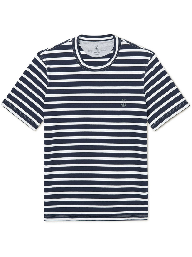 Photo: Brunello Cucinelli - Slim-Fit Logo-Print Striped Cotton-Jersey T-Shirt - Blue