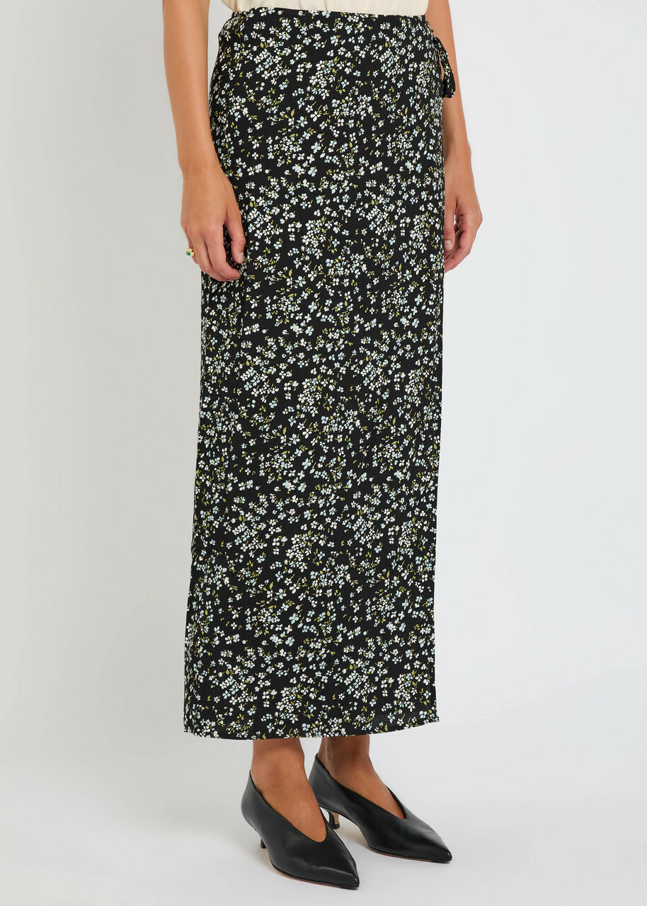 Reformation Opal Floral-print Crepe Midi Wrap Skirt Black