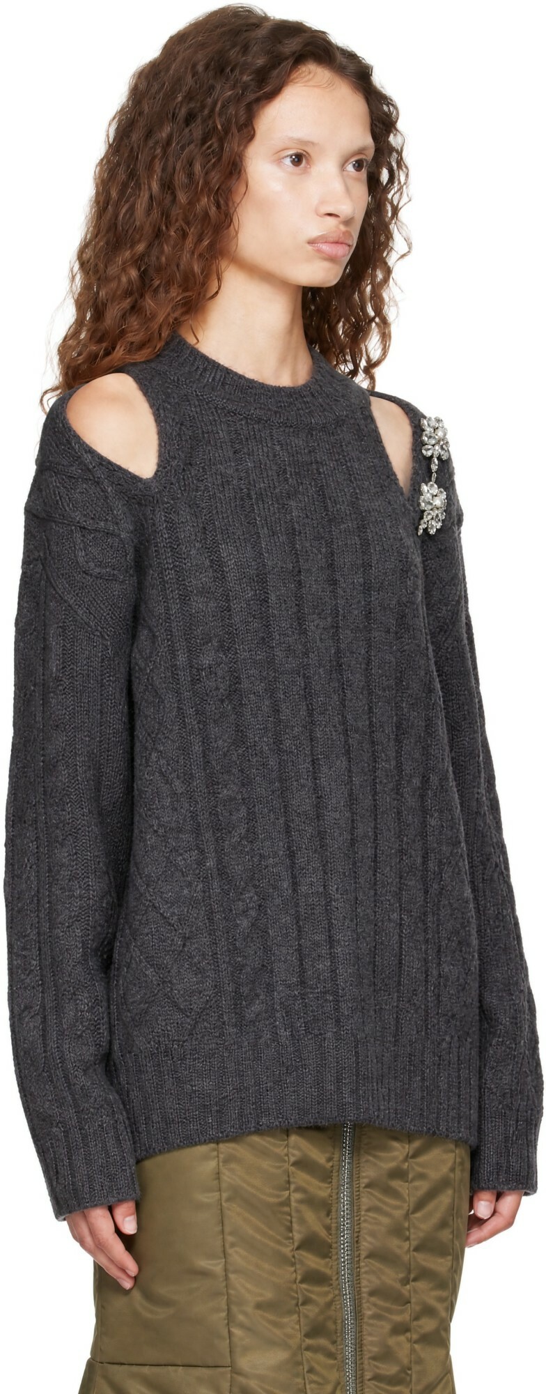 Simone Rocha Gray Cable Knit Slash Sweater