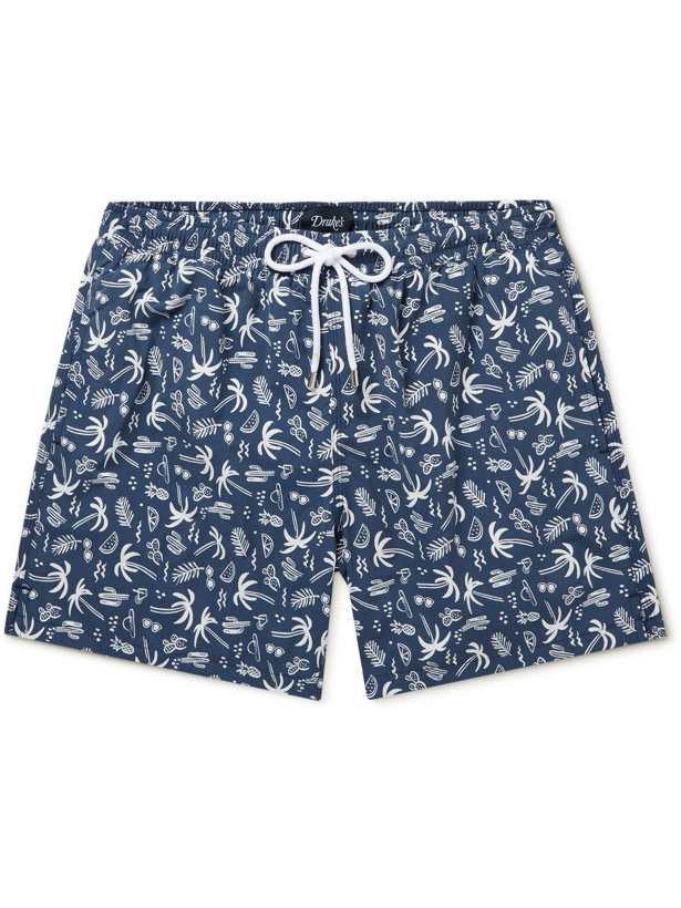 Photo: DRAKE'S - Mid-Length Printed Swim Shorts - Blue
