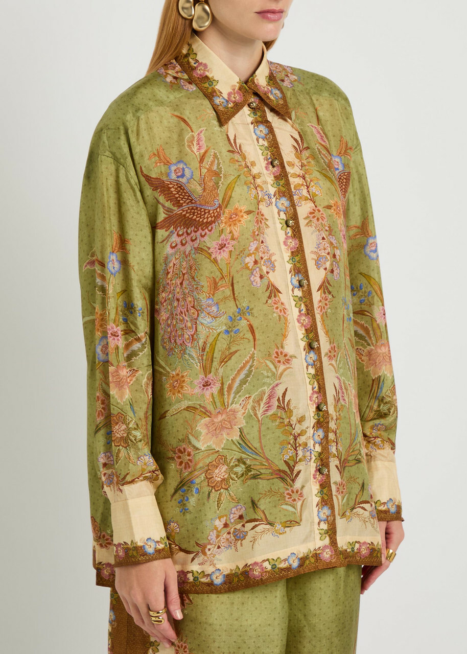 Zimmermann Indra Printed Silk Shirt Khaki