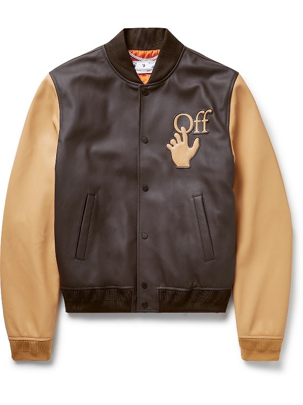 Photo: Off-White - Logo-Appliquéd Leather Varsity Jacket - Brown