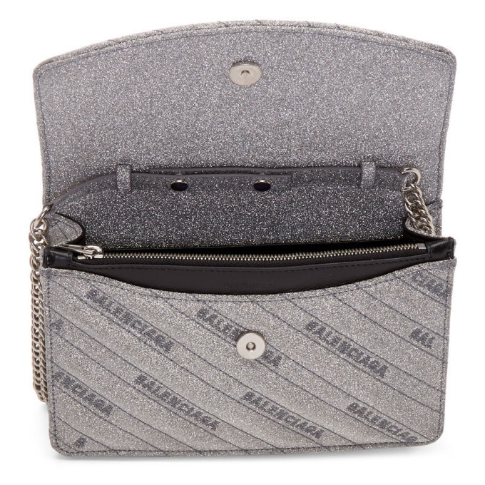 Balenciaga BB Silver Glittered Leather Wallet on Chain Bag