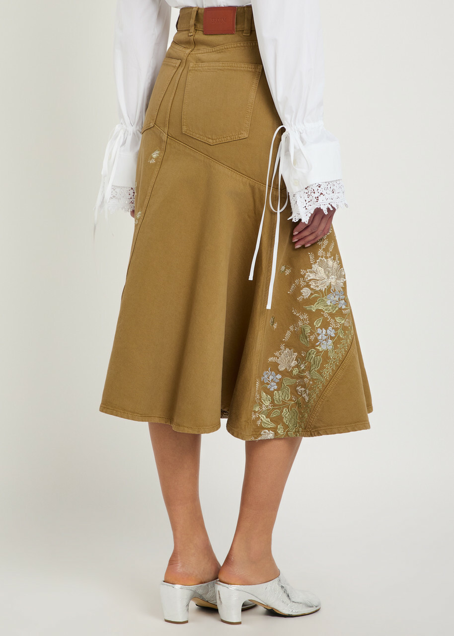 Erdem Floral-embroidered Denim Midi Dress Camel