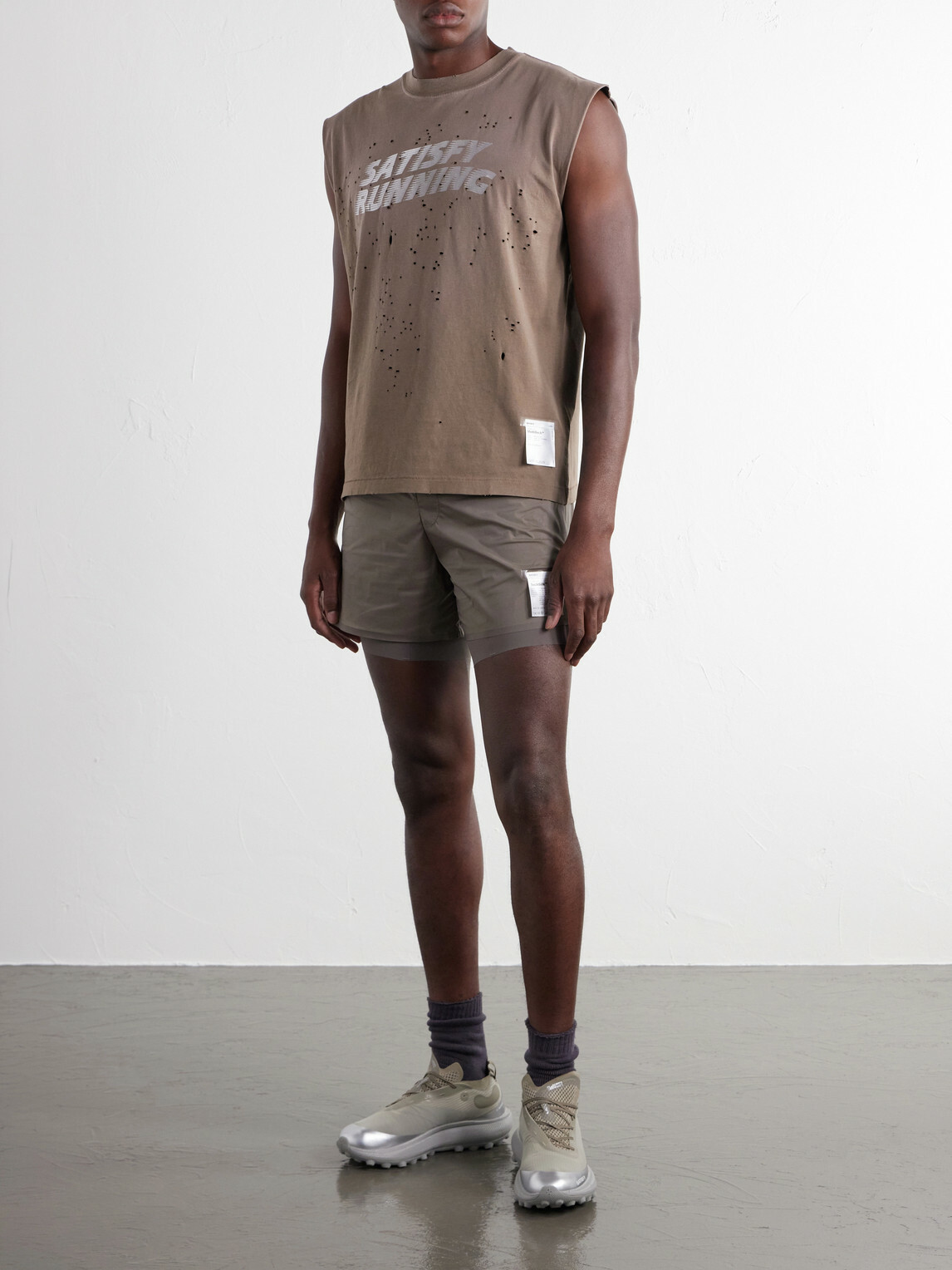 Satisfy - Distressed Logo-Print MothTech™ Organic Cotton-Jersey Tank Top - Brown
