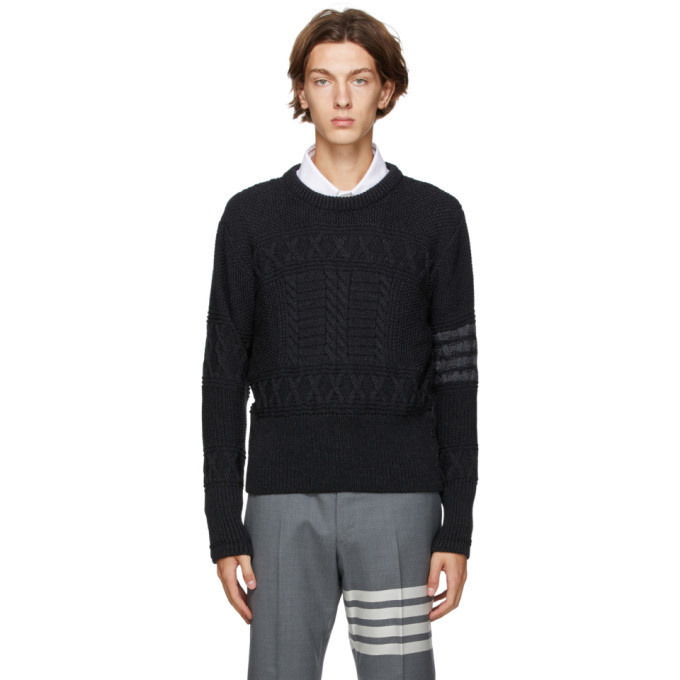 Photo: Thom Browne Grey Wool Aran Cable 4-Bar Crewneck Sweater