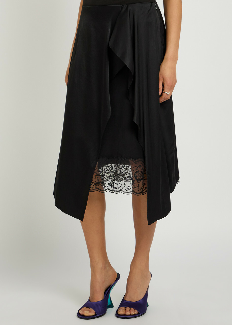 Acne Studios Layered Asymmetric Satin Midi Skirt Black