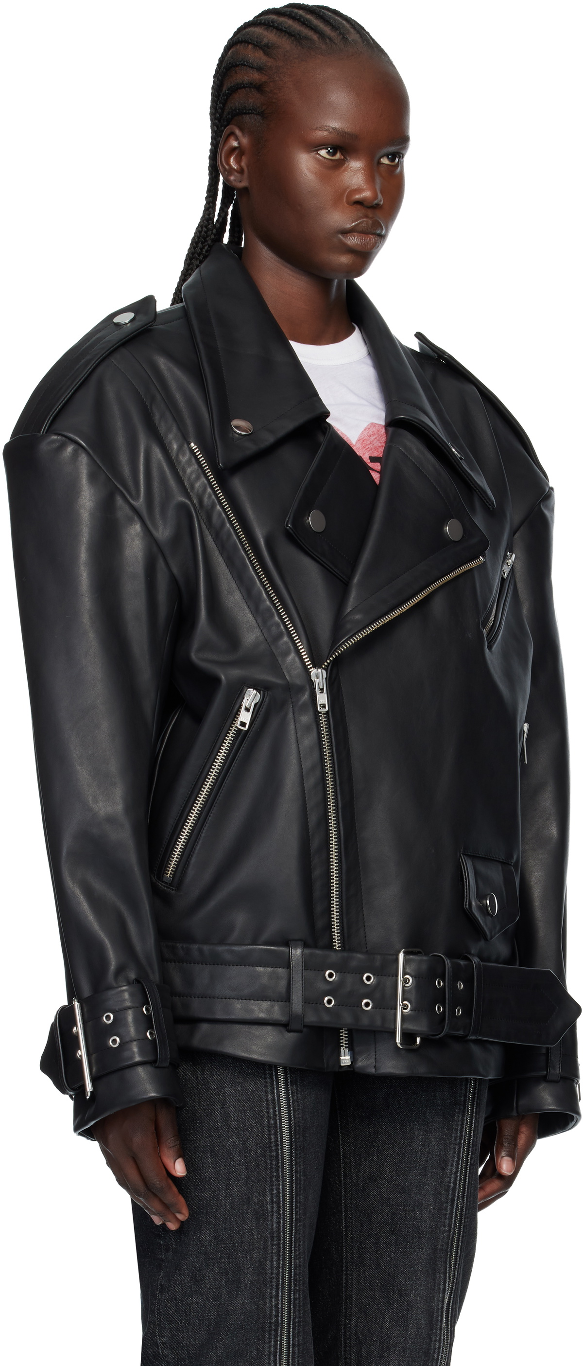 VAQUERA Black Oversized Moto Leather Jacket