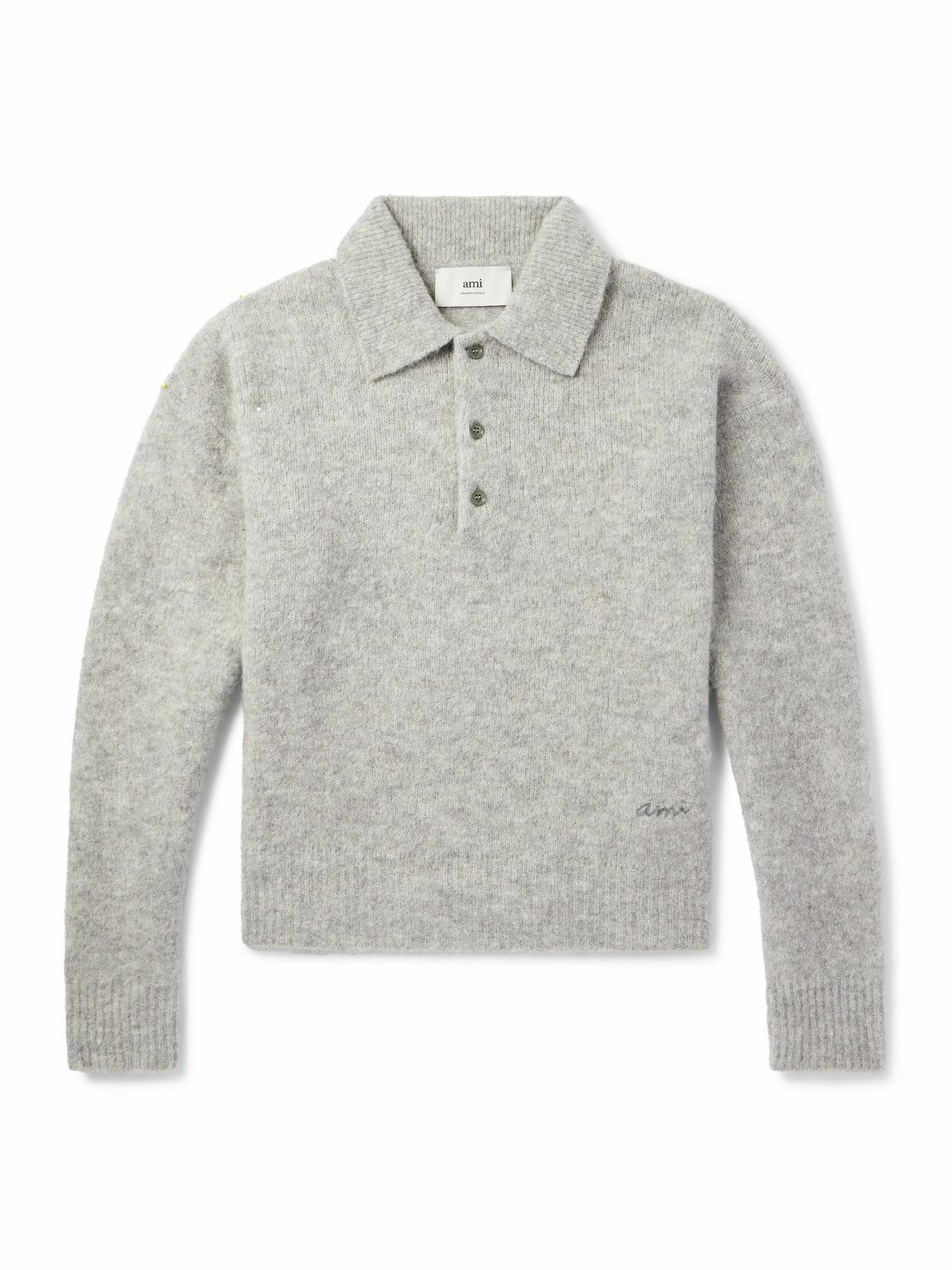 AMI PARIS - Logo-Embroidered Brushed-Knit Polo Shirt - Gray AMI