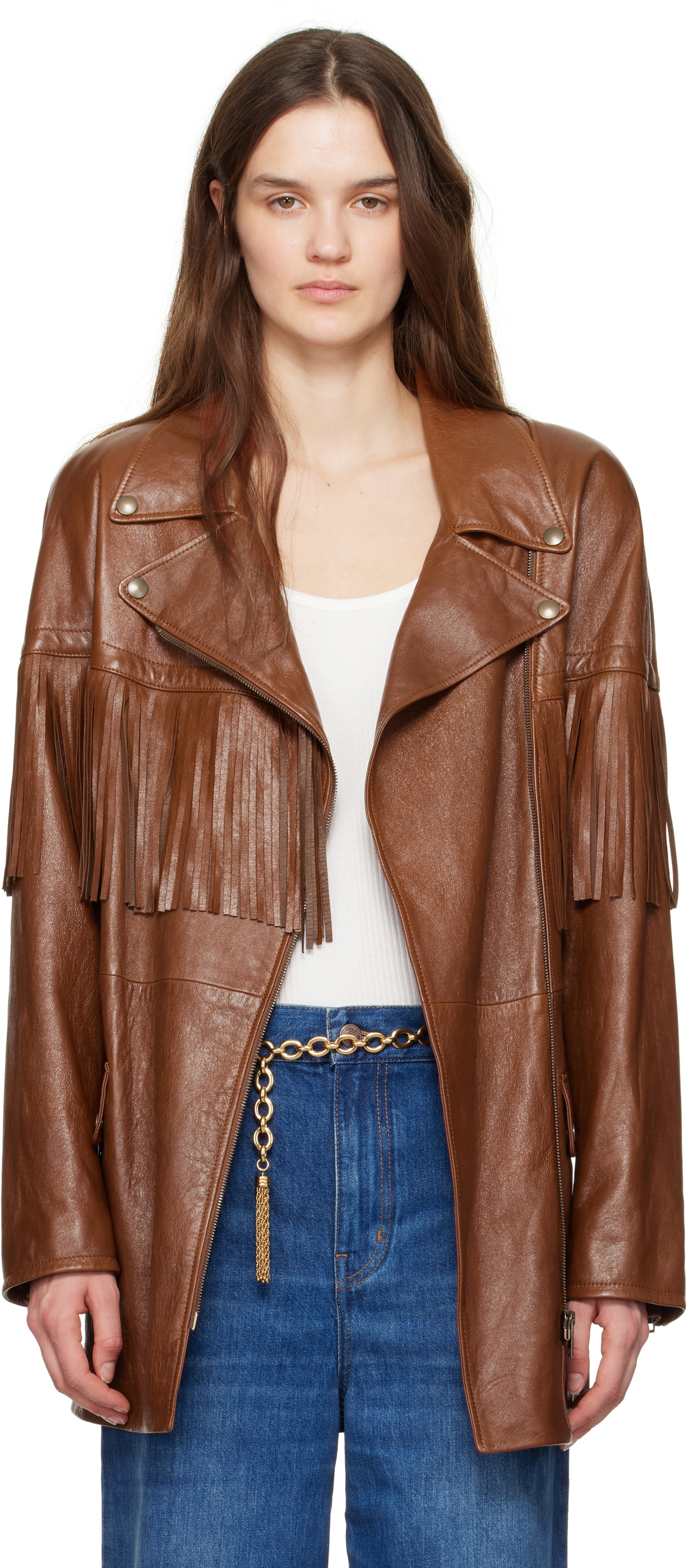 Chloé Brown Belted Fringed Leather Jacket
