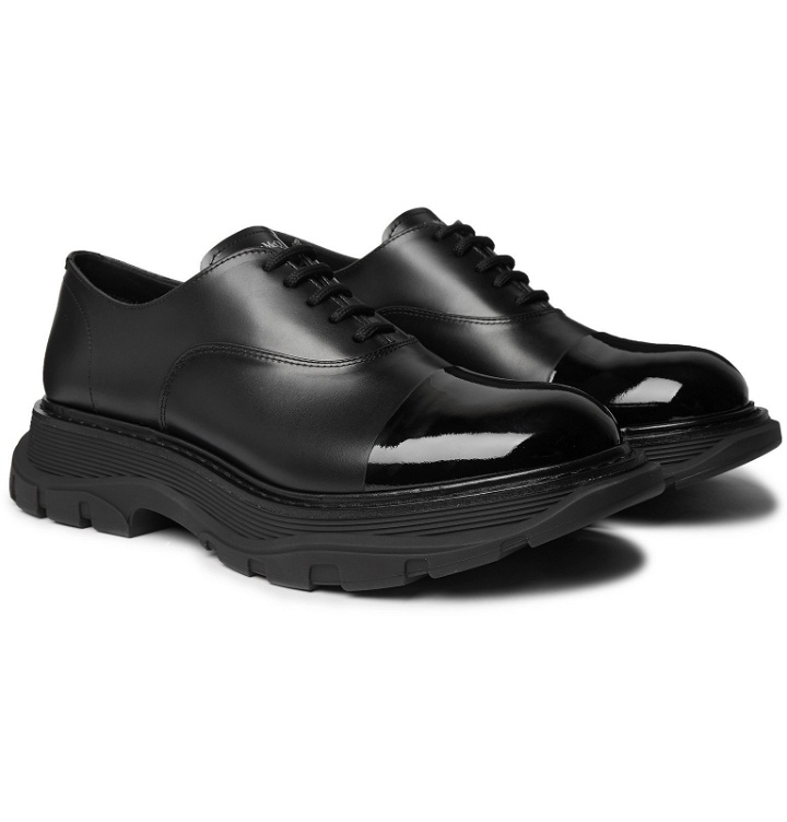 Photo: Alexander McQueen - Cap-Toe Smooth and Patent-Leather Derby Shoes - Black