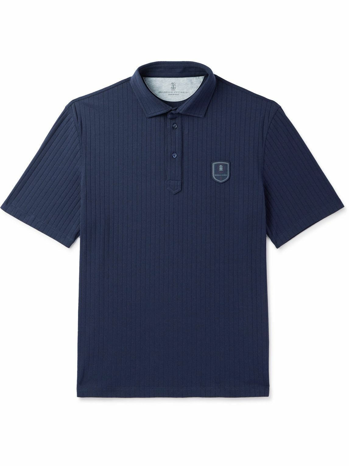 Photo: Brunello Cucinelli - Logo-Appliquéd Ribbed Stretch Cotton-Blend Tennis Polo Shirt - Blue