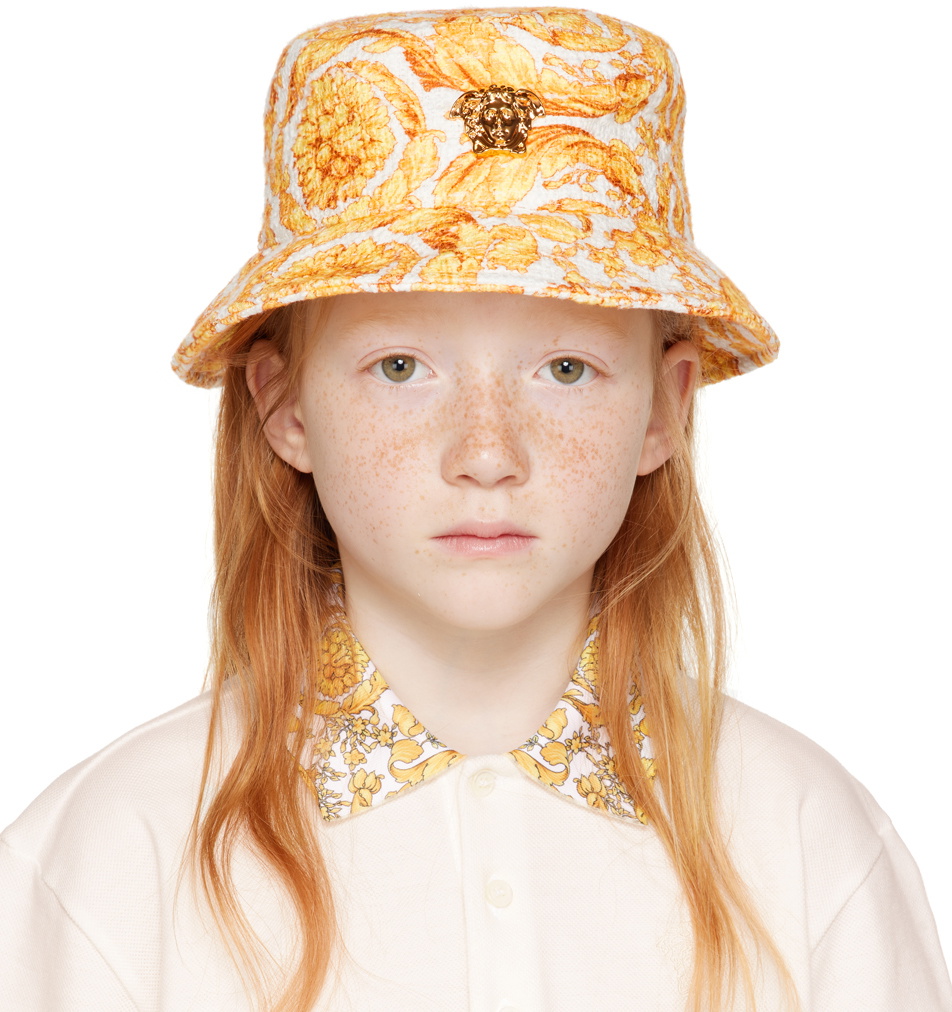 Versace Kids White & Yellow Barocco Bucket Hat Versace