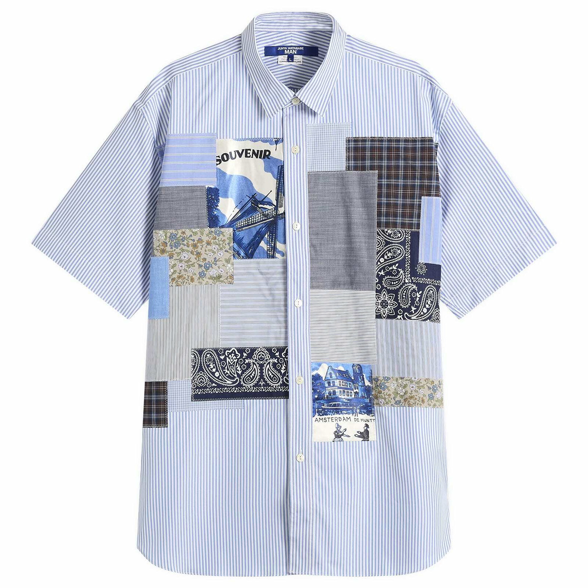 Junya Watanabe MAN Men's Patchwork Mix Short Sleeve Shirt in White/Sax X Mix