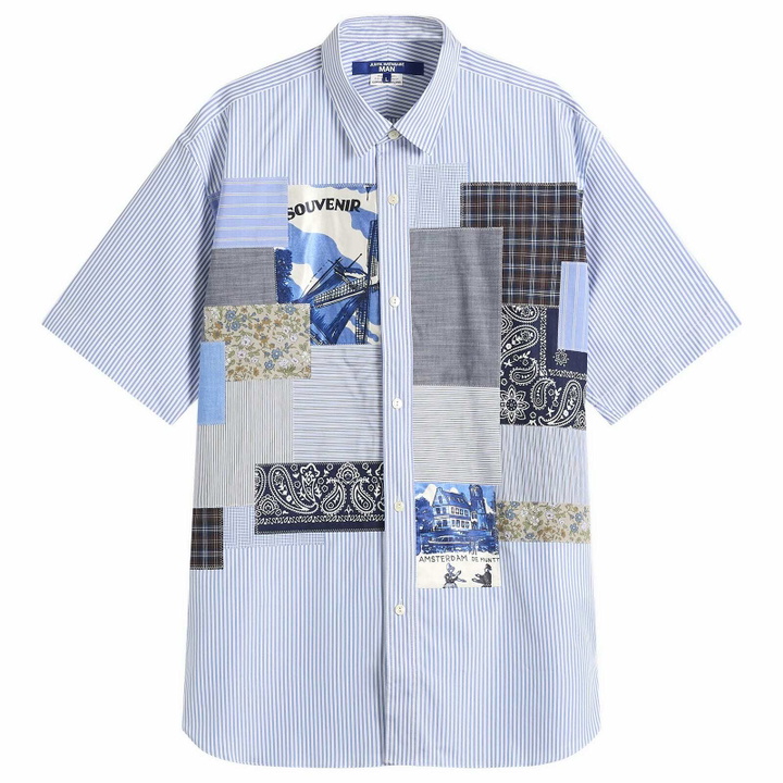 Photo: Junya Watanabe MAN Men's Patchwork Mix Short Sleeve Shirt in White/Sax X Mix