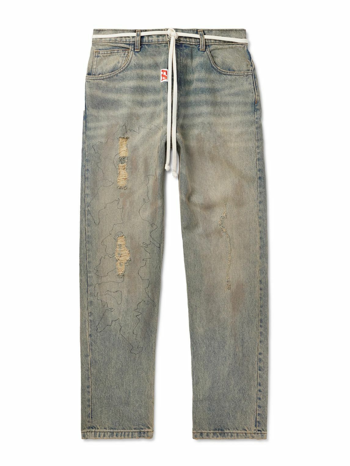 RRR123 - Fathers Way Slim-Fit Straight-Leg Belted Distressed Printed Jeans - Blue